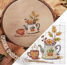 the cross stitch pattern has been designed to look like autumn teapots and pumpkins