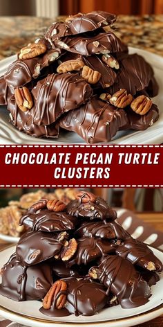 chocolate pecan turtle clusters on a white plate with text overlay that reads, chocolate pecan turtle clusters