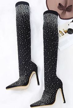 SANNI - SPARKLE STOCKING BOOTS Stocking Boots, Shoe Chart, Fabric Boots, Boot Bling, Black Only, Point Shoes, Pointed Toe Shoes, Long Boots, Black High Heels