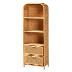 a tall wooden shelf with two drawers and wicker baskets on the bottom, against a white background