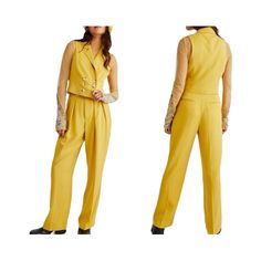 Elevate Your Fashion Game With This Stunning Free People Gabbie Vest Suit Set. The Two-Piece Outfit Features A Sleeveless Vest And Pants, Both In A Charming Yellow Color. The Vest Has A Stylish V-Neckline With Button Accents, While The Pants Come With A Trendy Buckle Detail. Perfect For Various Occasions Such As Travel, Weddings, Parties, And More, This Designer Outfit Is Made Of 100% Lyocell Material. The Set Is Adorned With Accents Like Button And Buckle And Belongs To The Women's Clothing Cat Yellow Festive Pant Set, Trendy Yellow Vest Top, Yellow Sleeveless Vest Top, Affordable Yellow Sleeveless Vest, Yellow Wide-leg Party Pants, Vest Suit, Vest And Pants, Designer Outfit, Free People Pants