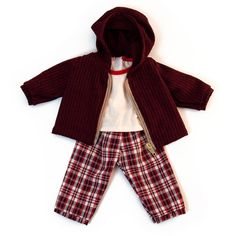 The collection features a range of outfits based on weather conditions and specific situations of children's daily routine (cold, warm, mild weather, bath time and nighttime). The collection also features different kinds of buckles to promote children's fine motor skills. Outfit includes pants, shirt and a cold weather jacket/sweater. Multicolored. Fabric.