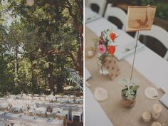 the tables are set up for an outdoor wedding reception in the woods, and there is no one sitting at the table