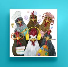 a group of chickens wearing headphones and holding video game controllers in their beaks