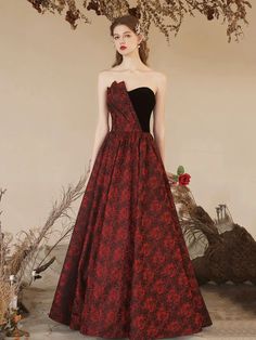 Strapless Black and Red Rose Printed Evening Gown Red Strapless Evening Dress For Prom Season, Red Strapless Dress For Prom Evening, Satin Long Prom Dress, Strapless Evening Gowns, Knee High Boots Flat, Strapless Prom Dresses, Burgundy Prom Dress, Formal Evening Dress, Full Length Skirts