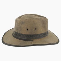 'The Buckthorn is well suited to the adventurous soul who craves a rugged hat for outdoor exploring. Made of waxed cotton that repels moisture, the Buckthorn is an outback safari style that features a vented modified teardrop crown for air flow. Trimmed with a faux leather hat band and matching brim edging, this sturdy hat will stay in place with its adjustable chin strap. Lightweight and pliable, the wide brim offer a hidden wire along the edge that can be hand shaped to meet your needs. *Exclu Rugged Hunting Hat With Curved Brim, Rugged Flat Brim Hunting Hat, Classic Distressed Brown Hat For Outdoor, Rugged Brown Hunting Hat, Classic Outdoor Waxed Finish Hats, Distressed Brown Brimmed Hat For Outdoor, Rugged Hats For Outdoor, Rugged Brown Hat For Travel, Outdoor Brimmed Canvas Hats