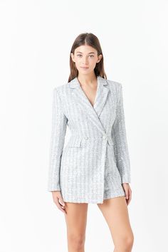 This ravishing Sequins Tweed Romper with its Double-Breasted style Skinny Lapels and Long Sleeves is a chic and unique piece of clothing. The beautiful tweed fabric is elaborately embellished with sequins for a striking effect. This romper is a must-have for any fashionista who intends to stand out from the crowd. Wear it for any formal or semi-formal occasion and you will be sure to draw admiring looks from all quarters. Sequin tweed Double-breasted style Skinny lapels Long sleeves Shoulder pad Tweed Romper, Tweed Fabric, Formal Occasion, Shoulder Sleeve, Semi Formal, Piece Of Clothing, Shoulder Pads, Front Pocket, Side Zipper