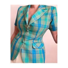 "Vintage 70s Checked Short Sleeve Blazer, Vintage Tailored to Fit Tartan Short Blazer, Vintage Green Blue Summer Jacket * Beautiful Vintage late 70s tailored to fit short sleeve summer blazer. Checked, tartan pattern in yellow, green and blue, Classic collar with decent V/neckline, two button front closure and two deep side pocket. Small shoulder pads. Classic yet playful vintage blazer jacket that pairs well with your favorite high waisted pants, denim or skirts. Best fits Size S-M depending on Classic Fitted Short Sleeve Blazer, Vintage Fitted Button-up Blazer, Vintage Fitted Single Breasted Blazer, Fitted Short Sleeve Blazer With Button Closure, Vintage Single Breasted Collared Blazer, Vintage Single-breasted Collared Blazer, Vintage Fitted Blazer With Lapel Collar, Single Breasted Fitted Top With Lapel Collar, Retro Collared Blazer With Button Closure