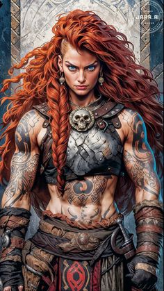 a woman with red hair and tattoos on her chest