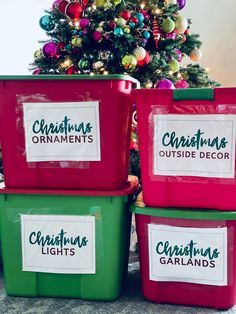 three christmas ornaments sitting next to each other in front of a christmas tree with the words christmas ornaments outside decor