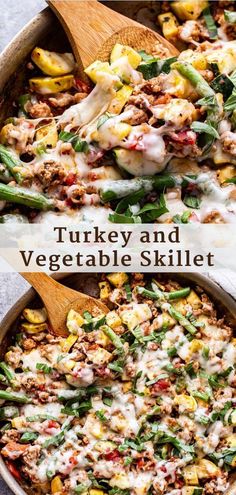 two pizzas with different toppings on wooden serving platters, one is turkey and the other is vegetable skillet