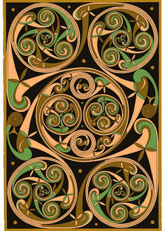 an art nouveau style design with swirls and leaves in brown, green and black