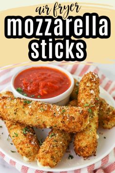 fried mozzarella sticks on a white plate with sauce in the background and text overlay