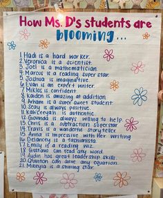 a bulletin board with writing on it that says how ms ds students are blooming