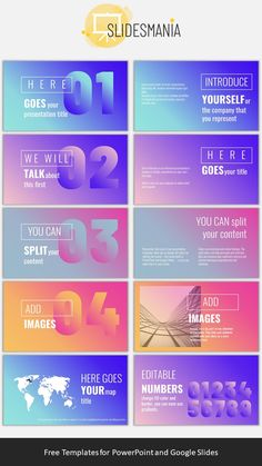 a set of colorful slideshows with numbers and symbols on them, all in different colors