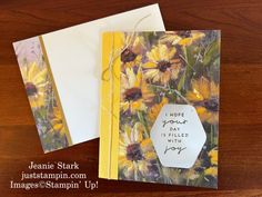 two cards with sunflowers on them, one has a tag that says i hope your day is filled with joy