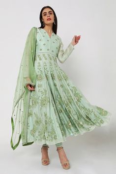 Sea-green anarkali with mesh of floral motifs all over and hand-embroidered French knots and bead work. Comes with churidar and organza dupatta.
Component: 3
Embroidered
Neckline: Round
Sleeve Length: Long
Fabric: Anarkali: Chanderi Silk; Churidar: Power Net; Dupatta: Organza
Color: Green
Split neck
 - Aza Fashions Silk Churidar, Green Anarkali, Silk Anarkali, French Knots, Organza Dupatta, Embroidered Neckline, Net Dupatta, Churidar, Floral Motifs