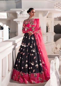 Shocking Pink Contrast Embroidered Pakistani Wedding Lehenga Choli Floor-length Sharara With Dupatta For Ceremony, Bollywood Style Floor-length Anarkali Set For Ceremony, Traditional Drape Gown With Floral Embroidery For Reception, Floral Embroidered Gown With Traditional Drape For Reception, Gown With Floral Embroidery And Traditional Drape For Reception, Floral Embroidered Sharara With Traditional Drape For Wedding, Black Sharara With Floral Embroidery For Reception, Floral Embroidery Sharara With Traditional Drape For Wedding, Wedding Sharara With Floral Embroidery And Traditional Drape