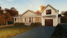 a rendering of a white house with brown doors and windows on the front porch at sunset