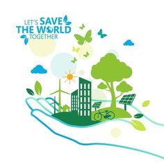 an image of save the world together with green buildings and trees on it's palm