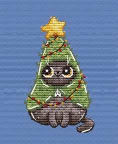 a cross stitch christmas tree with a black cat sitting on it's lap and looking at the viewer