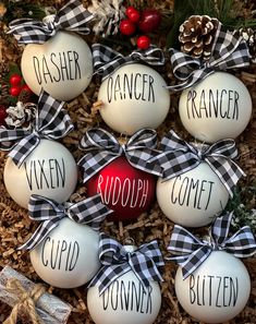 christmas baubles with names and bows on them are arranged in a box surrounded by pine cones