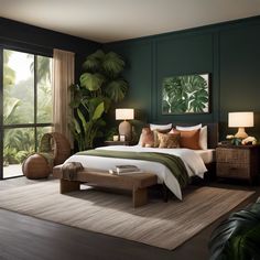 a bedroom with green walls and white bedding in front of a large window overlooking the jungle