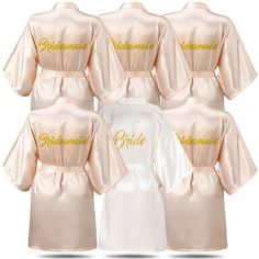 six bridesmaid robes in pink and white with gold embroidered on the chest,