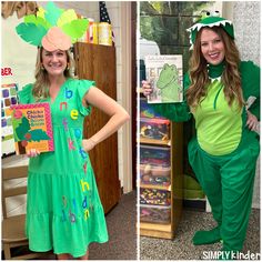 two women dressed in costumes standing next to each other, one holding a book and the other smiling