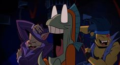 two cartoon characters one with an evil face and the other demon like character has his mouth open