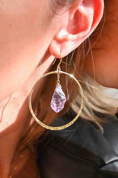 Gorgeous goddess hoops right here. These raw Amethyst crystals are suspended in the center of a hammered hoop and not only look luxurious, but make you feel it too. Wear these and remember you are a goddess.  Amethyst is the stone of your Highest Self, asking you to listen to your intuition as she always knows the truth. ▲ 2" gold plated hammered hoops ▲ Raw Amethyst crystals  ▲ Weight: 1/8 oz  ▲ Handmade in Arizona Love hoop earrings as much as we do?  Shop them all here!  https://etsy.me/3txKb Listen To Your Intuition, Highest Self, Tarnished Jewelry, Raw Amethyst, Handmade Gifts For Her, Amethyst Gold, Hammered Gold, Choker Style, Amethyst Pendant