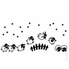 a black and white drawing of sheep jumping over a fence with stars in the background