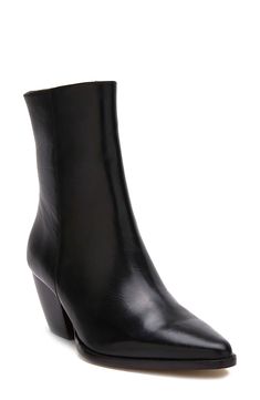 A slender silhouette updates a Western-inspired boot set on a chunky, stacked heel and shaped with an elongated pointy toe. 2 1/2" heel (size 8.5) 6 1/2" shaft Side zip closure Leather or genuine calf-hair (Brazil) upper/textile lining/leather sole Made in Brazil Women's Shoes Brazil Women, Sock Boots, Socks And Heels, Calf Hair, Shoes Booties, Stacked Heel, Boot Shoes Women, Side Zip, Black Boots