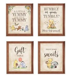 four winnie the pooh framed art prints with sayings on each one and an image of