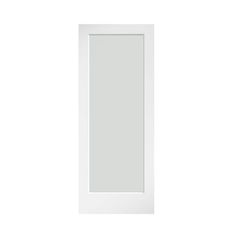 a white door on a white wall with a mirror above it and the bottom panel missing