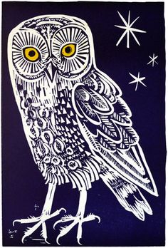 an owl with yellow eyes sitting on top of a purple background and stars in the sky