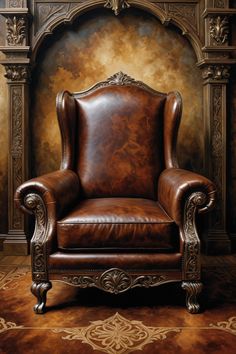 a brown leather chair sitting in front of a wall with an ornate design on it