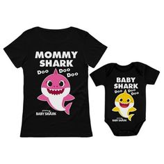 two baby shark onesuits with the words mommy shark and baby shark on them