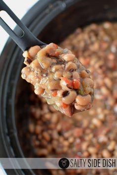 a spoon full of beans and carrots in a slow cooker