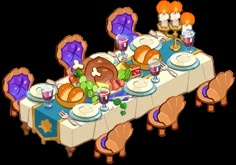 a cartoon thanksgiving dinner table with turkeys and candles