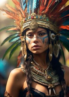 a woman wearing an elaborate headdress and feathers