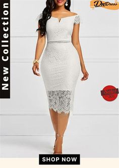 Gorgeous Scoop Neck Notched Detailing Short Sleeve Fitted Silhouette Floral Lace Bodycon Dress Pencil Skirt Dress, Lace Bodycon, Lace Bodycon Dress, Lace Fashion, Fitted Silhouette, Dress Size Chart, White Fashion, Women's Fashion Dresses