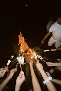 a group of people holding marshmallows over a campfire at night time