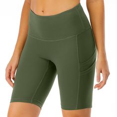 Army Green Pocketed High Waist Shorts Mid-thigh Length Yoga Bottoms With Pockets, Mid-thigh Yoga Bottoms With Pockets, Mid-thigh Length Workout Bottoms With Pockets, High-waist Biker Shorts With Pockets, Solid High Waist Biker Shorts With Pockets, Green Workout Shorts With Side Pockets, Green Short Activewear With Pockets, Sports Bottoms With Pockets Mid-thigh Length, High Waist Sports Shorts With Pockets