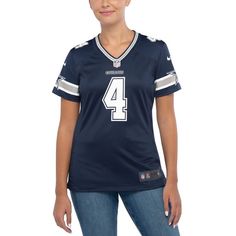 Prove you are the #1 fan of the Dallas Cowboys with this Dak Prescott Game team jersey from Nike! It features bold graphics and a tailored design that makes it easy to get the look of a tried and true Dallas Cowboys fan. You'll love paying homage to your favorite NFL squad in this top-notch jersey!Prove you are the #1 fan of the Dallas Cowboys with this Dak Prescott Game team jersey from Nike! It features bold graphics and a tailored design that makes it easy to get the look of a tried and true Blue Jersey With Team Logo For Fans, Blue Jersey For Game Day, Fan Apparel, Blue Fan Apparel Jersey For Game Day, Blue Fan Jersey For Game Day, Casual Blue Jersey For Fan Gear, Blue Sporty Jersey For Fan Gear, Blue Crew Neck Jersey For Fan Gear, Collegiate Football Season Jersey, Navy Jersey For Sports Events