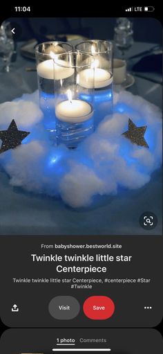 an image of candles in the clouds with stars on them and text that reads twinkle twinkle little star centerpiece