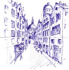 a drawing of a city street with buildings