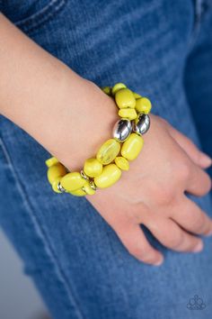 "Fruity Flavor Yellow Stretchy Bracelets: Varying in size and color, fruity yellow and shiny silver beads are threaded along stretchy bands around the wrist, creating colorful layers. Sold as one set of 2 bracelets. Paparazzi Consultant, Yellow Bracelet, Baby Powder, Paparazzi Accessories, Stretchy Bracelets, Paparazzi Jewelry, Jewelry Cleaner, Shiny Silver, One Set