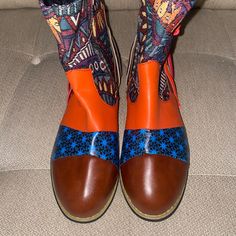 Vintage Style Boots. Boots Are Brand New Multicolor Round Toe Boots For Fall, Retro Multicolor Boots For Fall, Casual Multicolor Boots With Flat Heel, Casual Multicolor Flat Heel Boots, Multicolor Retro Boots For Fall, Orange Round Toe Boots For Fall, Orange Leather Boots For Spring, Casual Orange Round Toe Boots, Trendy Orange Spring Boots