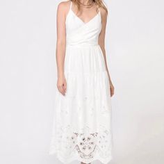 White Embroidered Midi Dress Features Spaghetti Straps, Twist Front, And Scalloped Lace Trim. Size Mediumadelyn Rae Women's Tania Embroidered Scalloped Tiered Sun Dress Sz Medium White Sleeveless Maxi Dress With Broderie Anglaise, White Sleeveless Broderie Anglaise Maxi Dress, White Broderie Anglaise Sleeveless Maxi Dress, White Dress With Cutwork Hem For Brunch, Floral Tea Length Dress, Pink Lace Shirt, Lace Shirt Dress, Twofer Dress, White Halter Dress